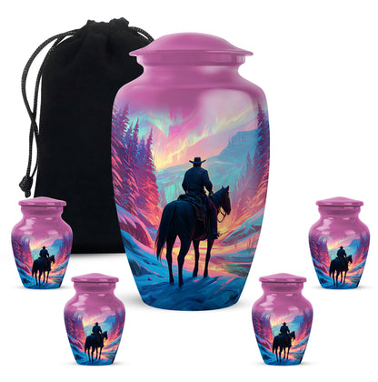 Rose Pink Cowboy Cremation Urn top-down view of secure threaded lid - classic sculpted cowboy pattern on smooth aluminum - memorial set with one large and four small urns