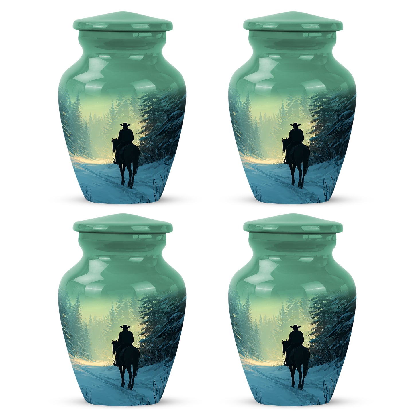 Mint Green Cowboy Cremation Urn side profile showing urn shape - elegant classic cowboy relief with fine detailing - 10 inch aluminum urn for cremated remains