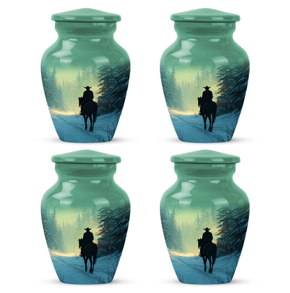 Mint Green Cowboy Cremation Urn side profile showing urn shape - elegant classic cowboy relief with fine detailing - 10 inch aluminum urn for cremated remains