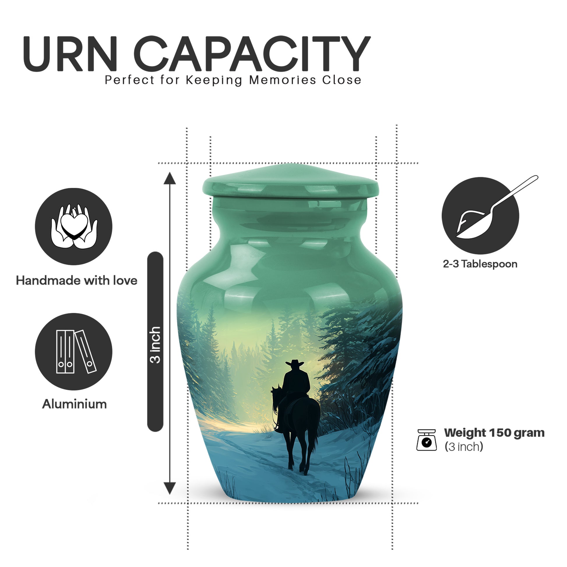 Olive Green Cowboy Cremation Urn close-up of engraving and surface detail - elegant classic cowboy relief with fine detailing - mini keepsake memorial for portion of cremation ashes