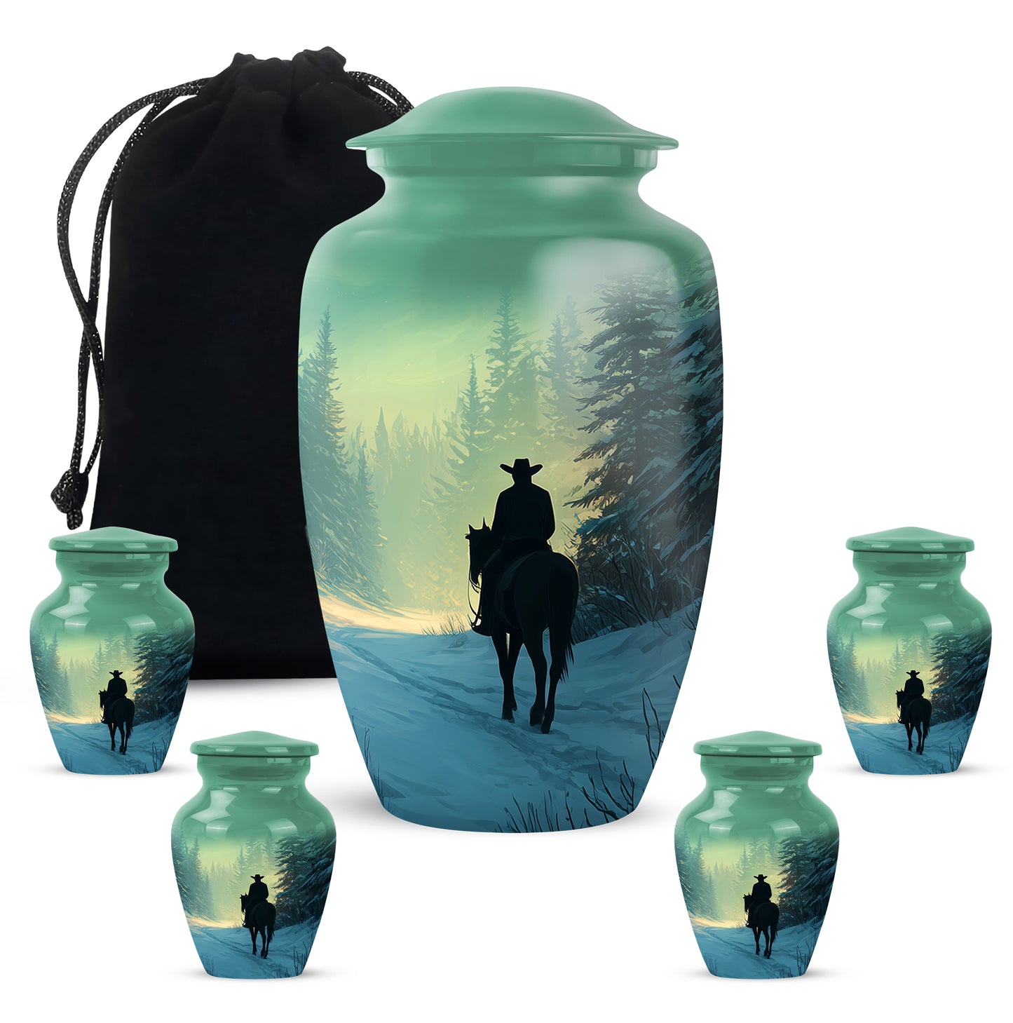 Forest Green Cowboy Cremation Urn top-down view of secure threaded lid - elegant classic cowboy relief with fine detailing - memorial set with one large and four small urns