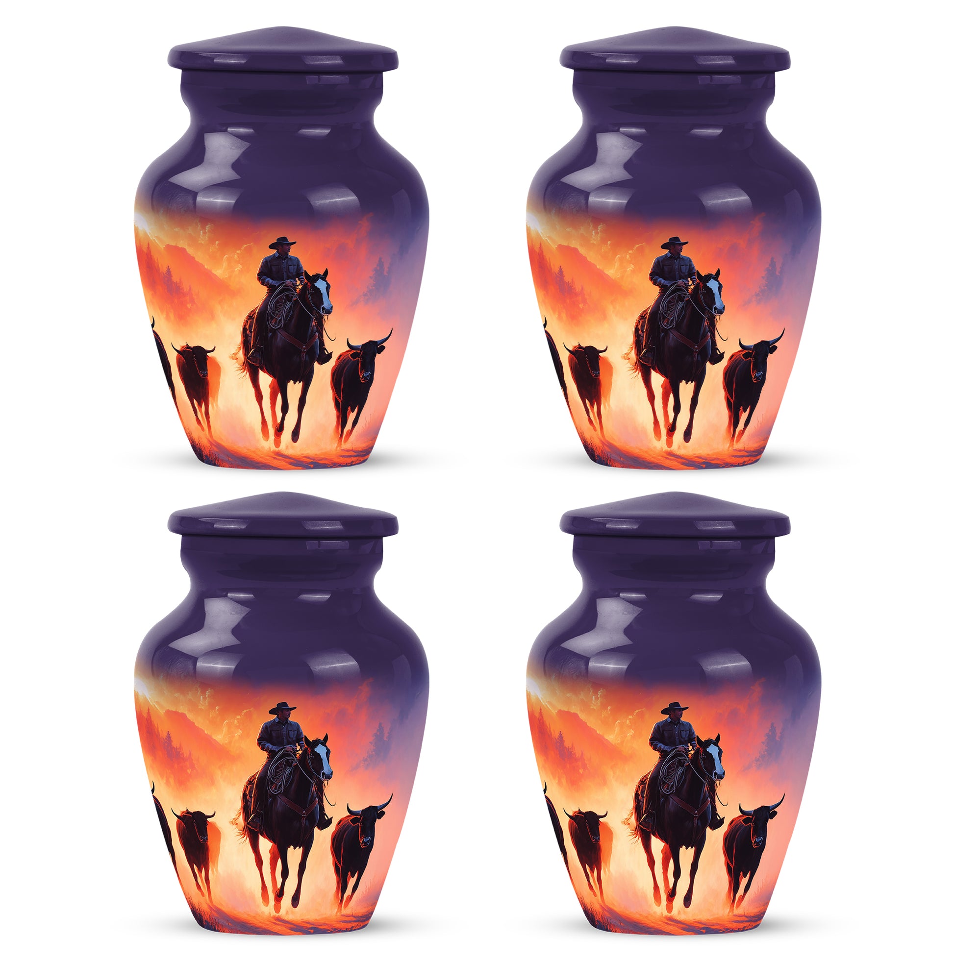 Royal Purple Cowboy Cremation Urn side profile showing urn shape - traditional cowboy engraving with hand-polished finish - 10 inch aluminum urn for cremated remains