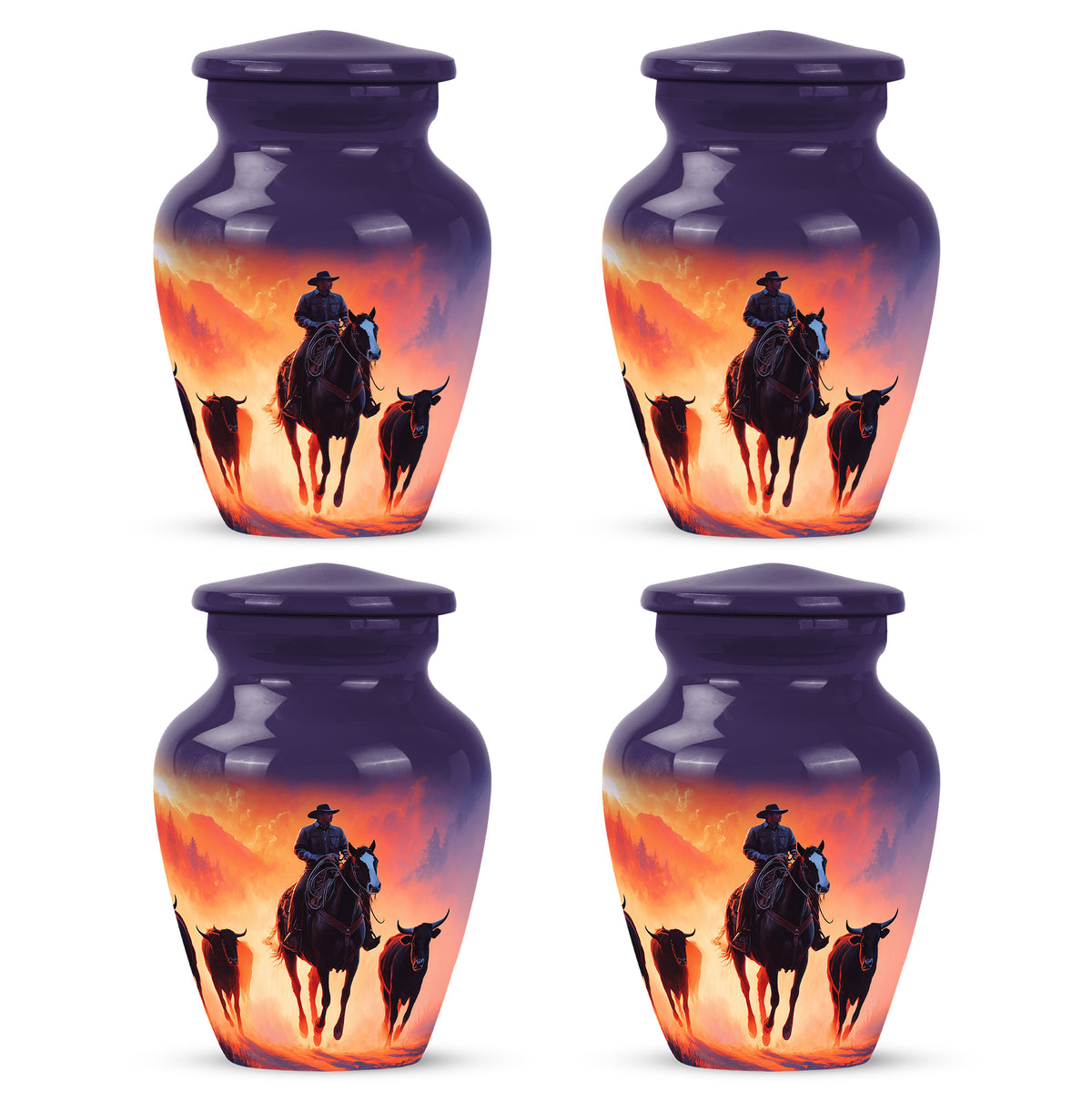 Royal Purple Cowboy Cremation Urn side profile showing urn shape - traditional cowboy engraving with hand-polished finish - 10 inch aluminum urn for cremated remains