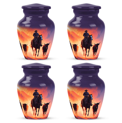 Royal Purple Cowboy Cremation Urn side profile showing urn shape - traditional cowboy engraving with hand-polished finish - 10 inch aluminum urn for cremated remains