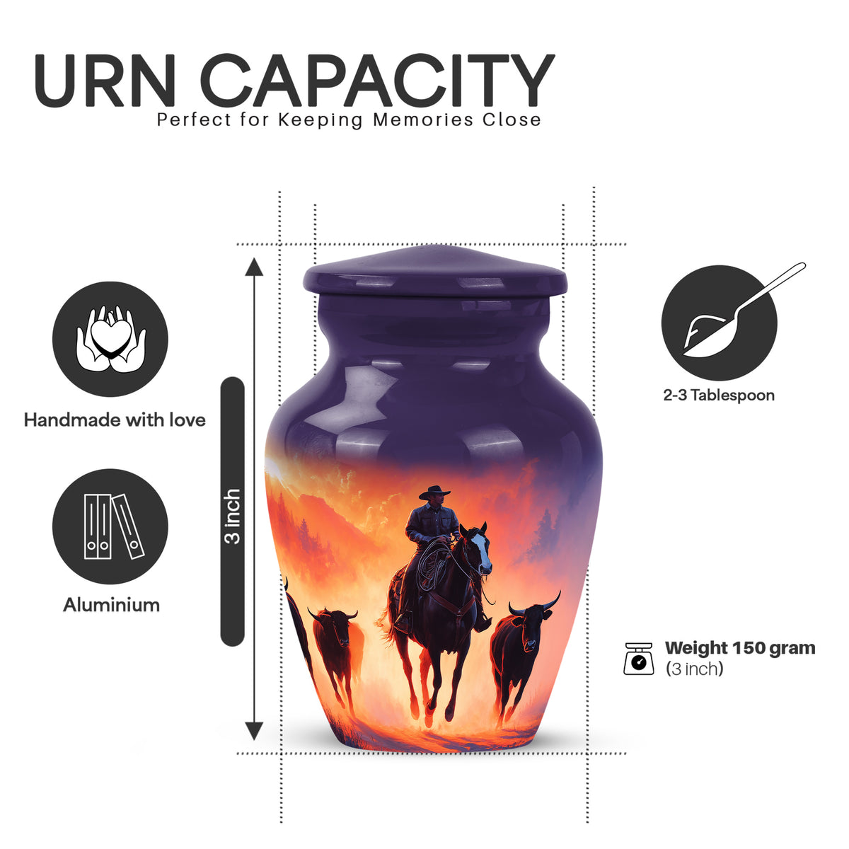 Royal Purple Cowboy Cremation Urn close-up of engraving and surface detail - elegant classic cowboy relief with fine detailing - mini keepsake memorial for portion of cremation ashes