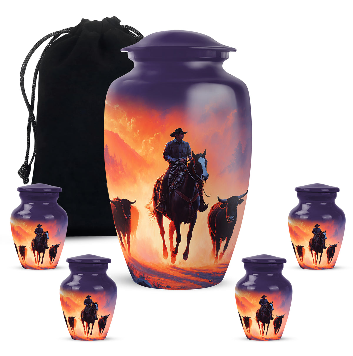 Amethyst Purple Cowboy Cremation Urn top-down view of secure threaded lid - classic sculpted cowboy pattern on smooth aluminum - memorial set with one large and four small urns