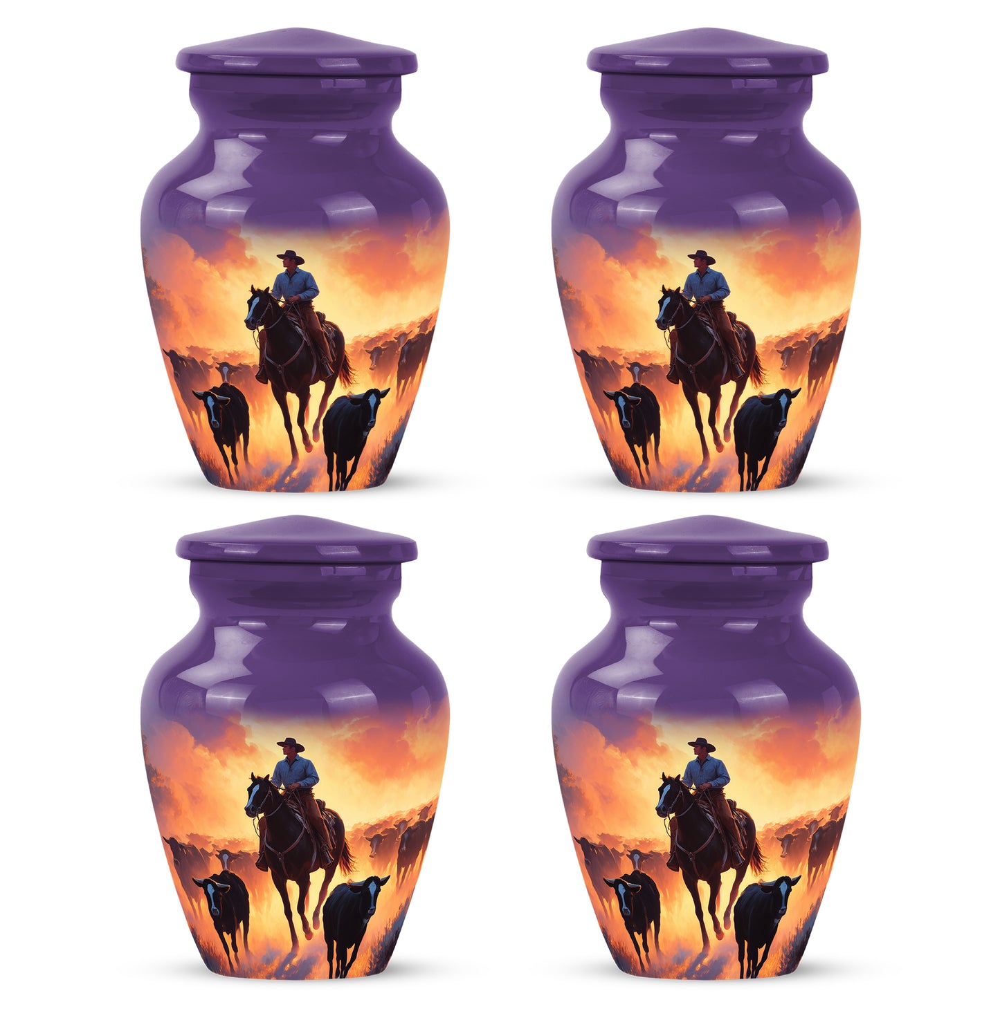 Lavender Purple Cowboy Cremation Urn side profile showing urn shape - elegant classic cowboy relief with fine detailing - 10 inch aluminum urn for cremated remains
