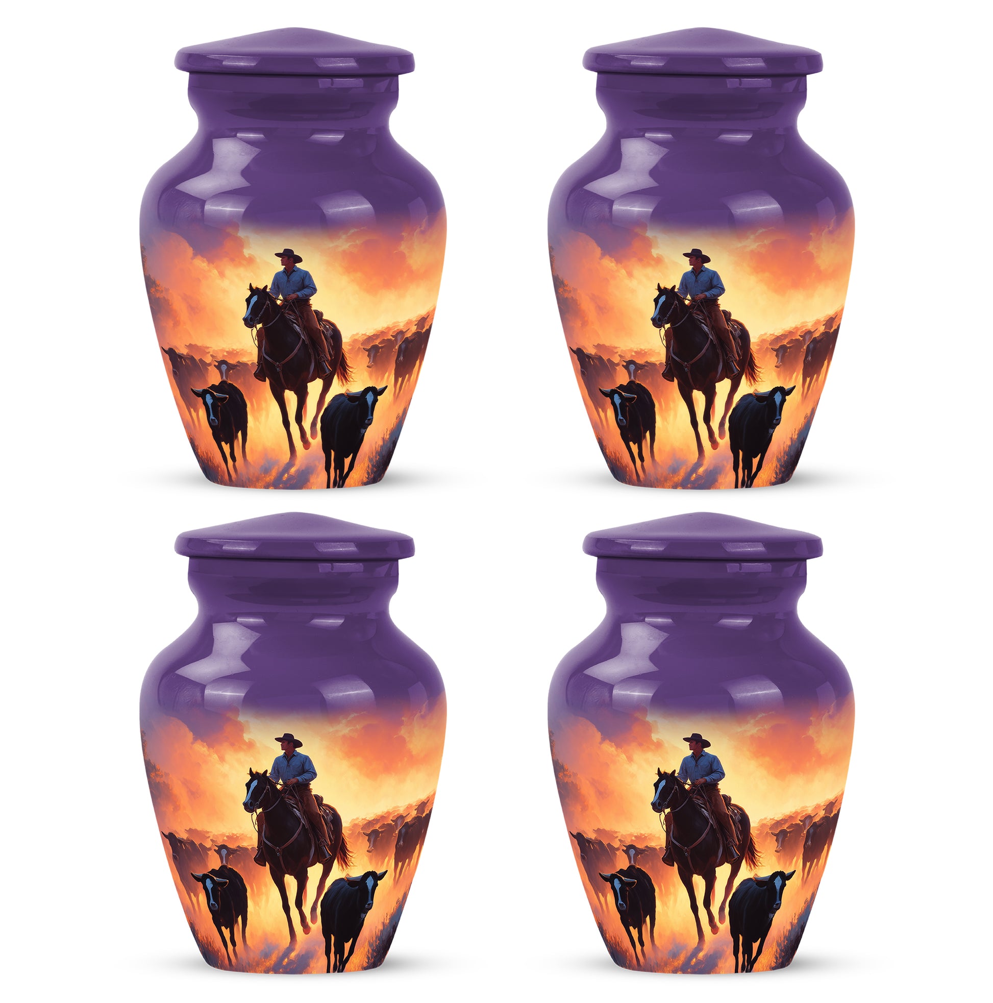 Lavender Purple Cowboy Cremation Urn side profile showing urn shape - elegant classic cowboy relief with fine detailing - 10 inch aluminum urn for cremated remains