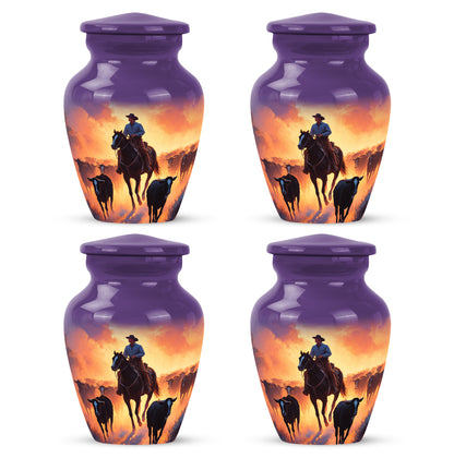 Lavender Purple Cowboy Cremation Urn side profile showing urn shape - elegant classic cowboy relief with fine detailing - 10 inch aluminum urn for cremated remains