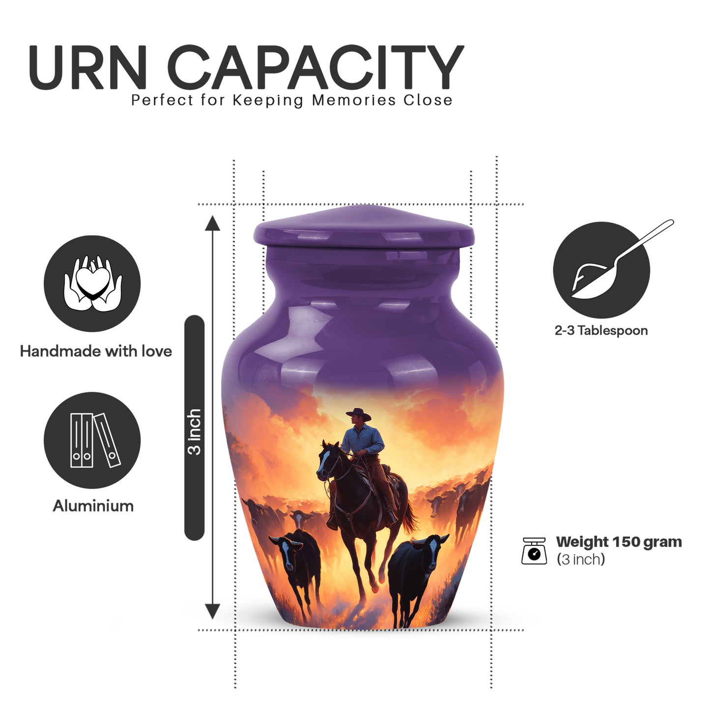 Majestic Purple Cowboy Cremation Urn close-up of engraving and surface detail - timeless cowboy motif etched into premium metal - mini keepsake memorial for portion of cremation ashes