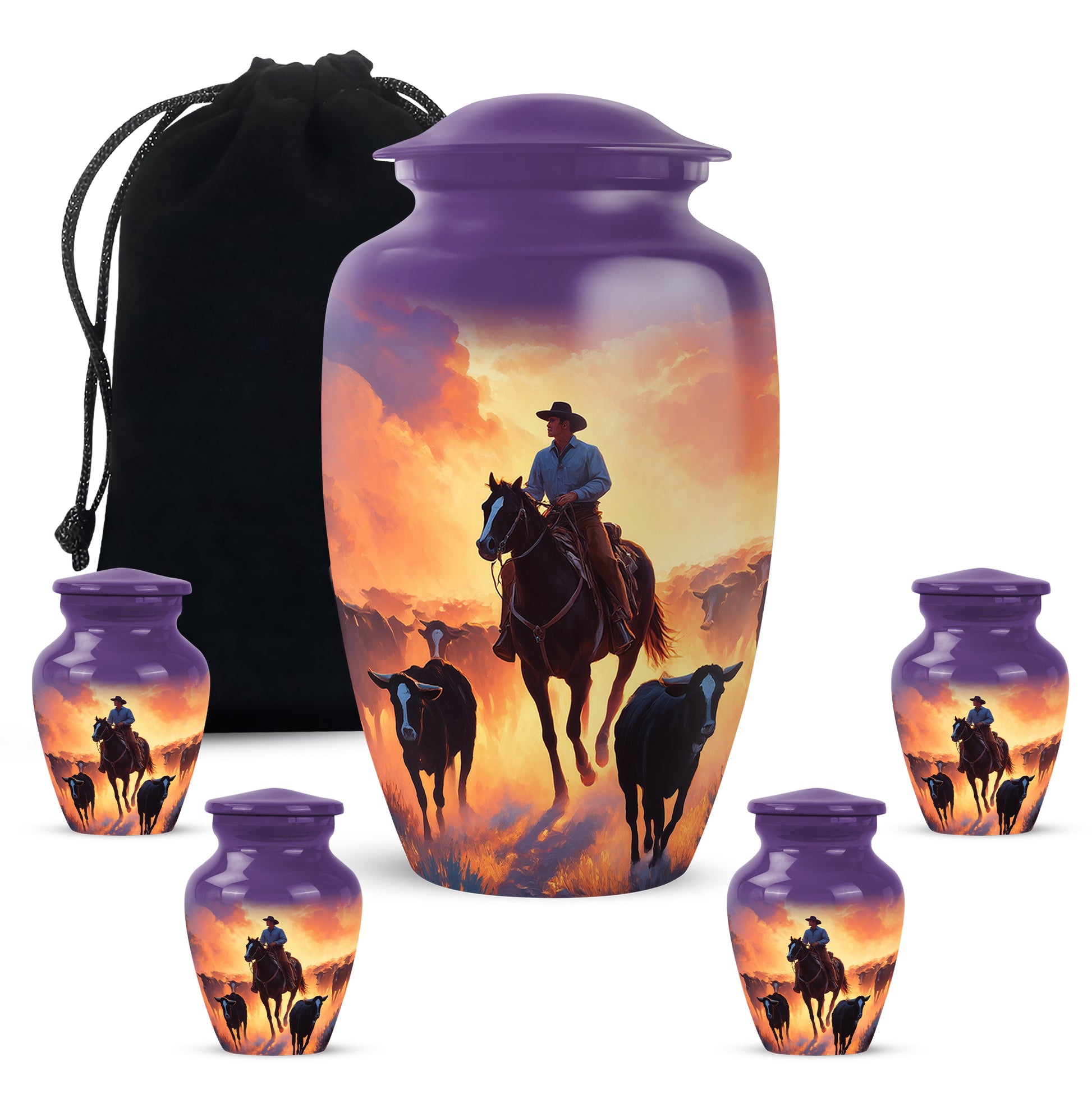 Deep Purple Cowboy Cremation Urn top-down view of secure threaded lid - timeless cowboy motif etched into premium metal - memorial set with one large and four small urns