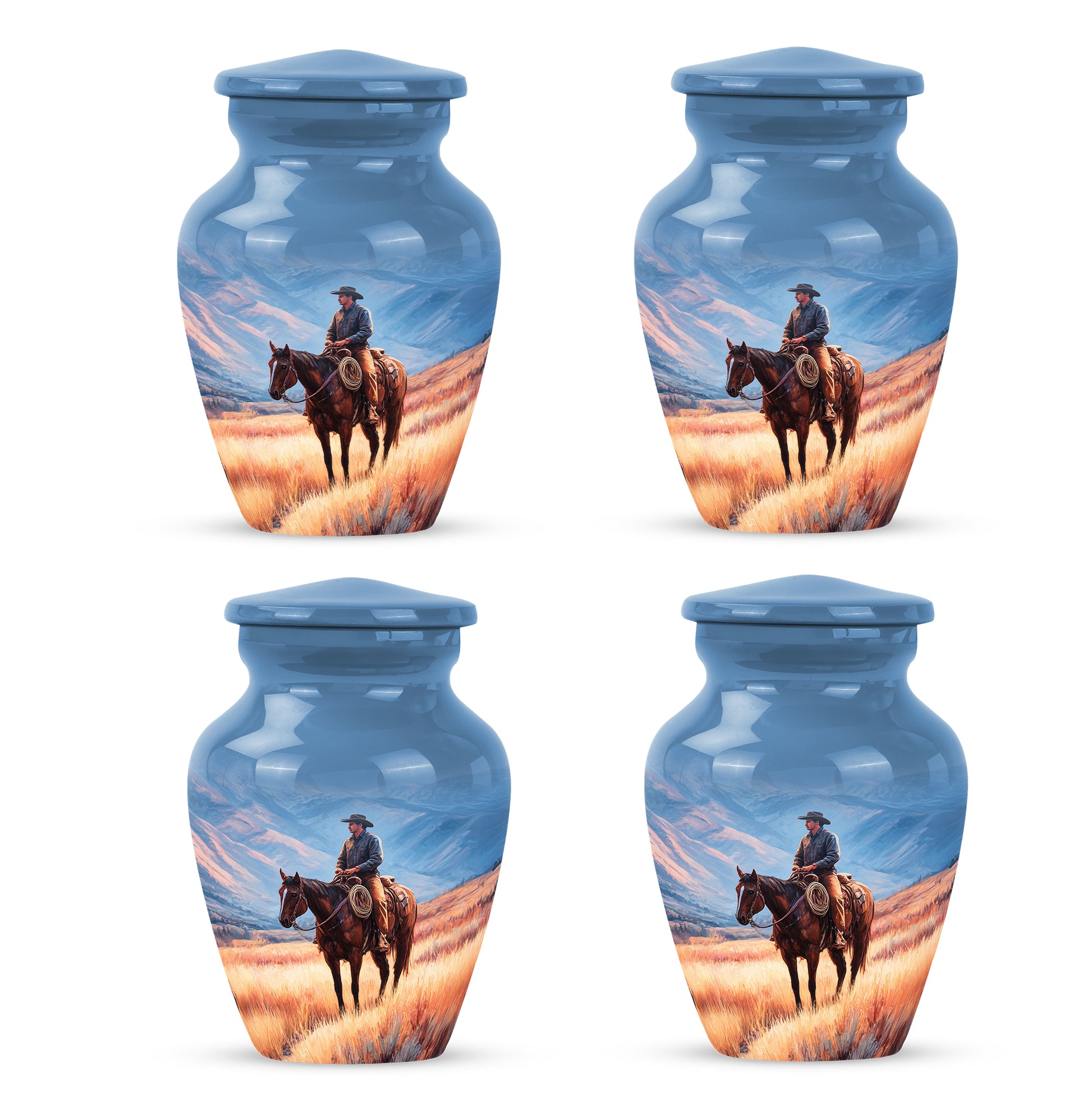Azure Cowboy Cremation Urn side profile showing urn shape - timeless cowboy motif etched into premium metal - 10 inch aluminum urn for cremated remains