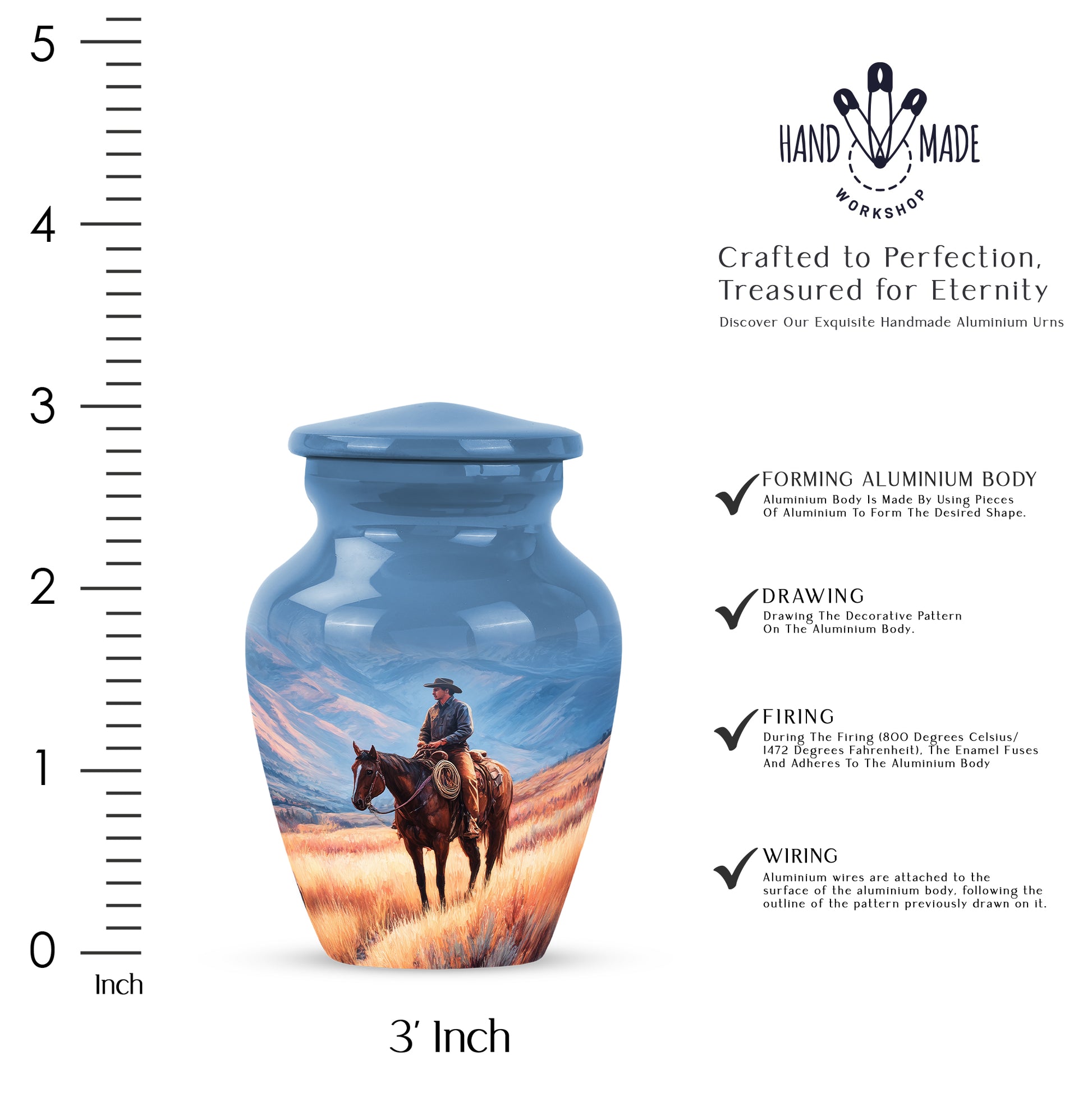 Twilight Blue Cowboy Cremation Urn close-up of engraving and surface detail - traditional cowboy engraving with hand-polished finish - mini keepsake memorial for portion of cremation ashes