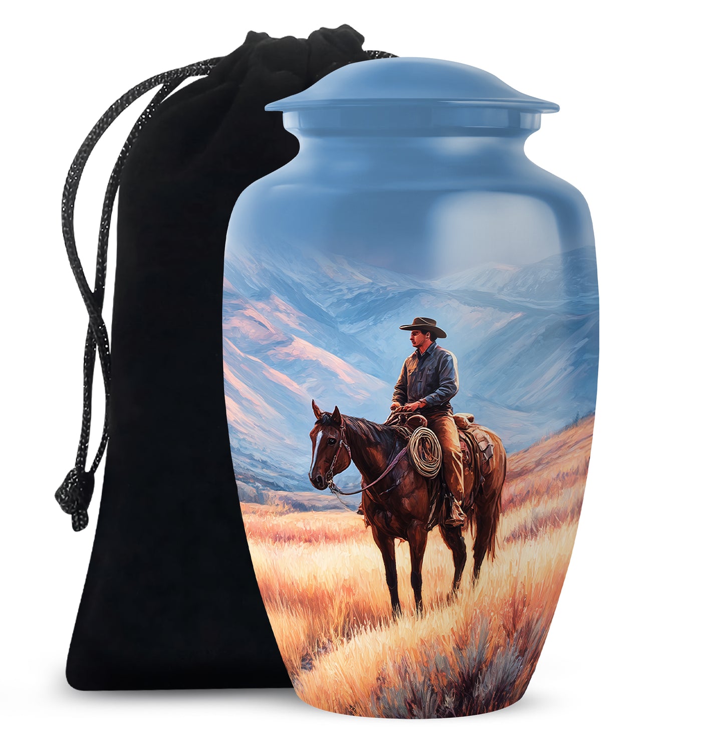 Calming Blue Cowboy Cremation Urn angled view of lid and engraved motif - elegant classic cowboy relief with fine detailing - full-size 10 inch 200 cubic inch adult cremation urn