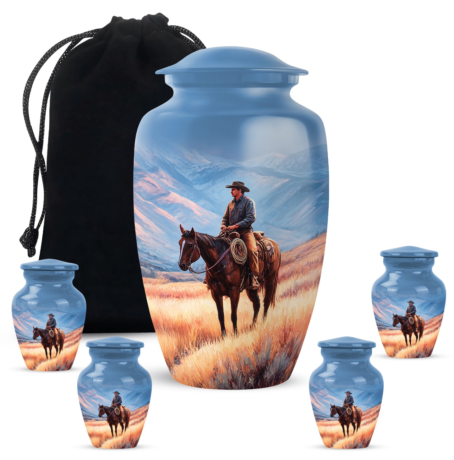Vivid Blue Cowboy Cremation Urn top-down view of secure threaded lid - elegant classic cowboy relief with fine detailing - memorial set with one large and four small urns