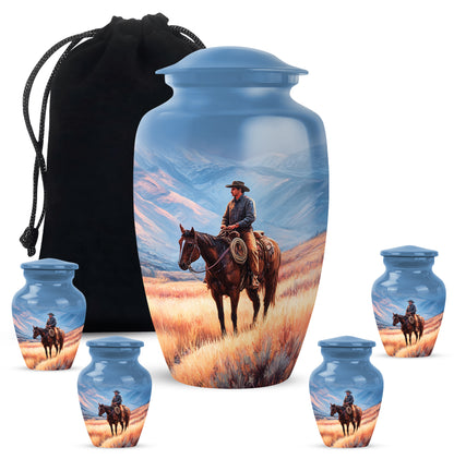 Vivid Blue Cowboy Cremation Urn top-down view of secure threaded lid - elegant classic cowboy relief with fine detailing - memorial set with one large and four small urns