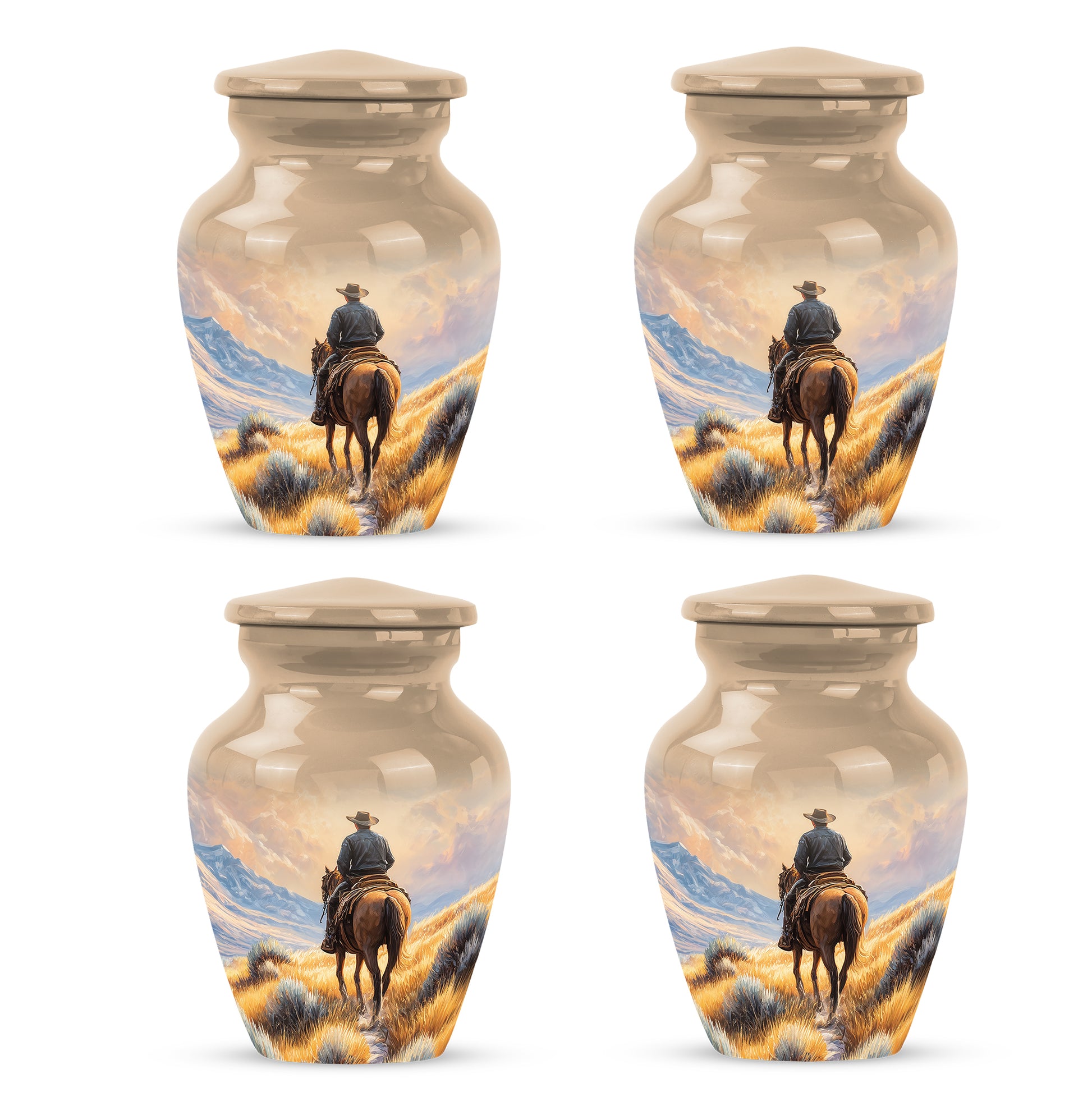 Amber Gold Cowboy Cremation Urn side profile showing urn shape - classic sculpted cowboy pattern on smooth aluminum - 10 inch aluminum urn for cremated remains