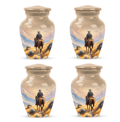 Amber Gold Cowboy Cremation Urn side profile showing urn shape - classic sculpted cowboy pattern on smooth aluminum - 10 inch aluminum urn for cremated remains