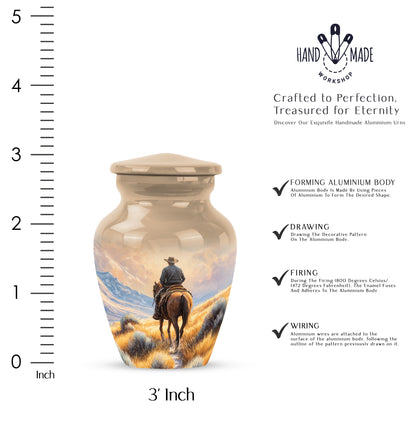 Gilded Gold Cowboy Cremation Urn close-up of engraving and surface detail - classic sculpted cowboy pattern on smooth aluminum - mini keepsake memorial for portion of cremation ashes