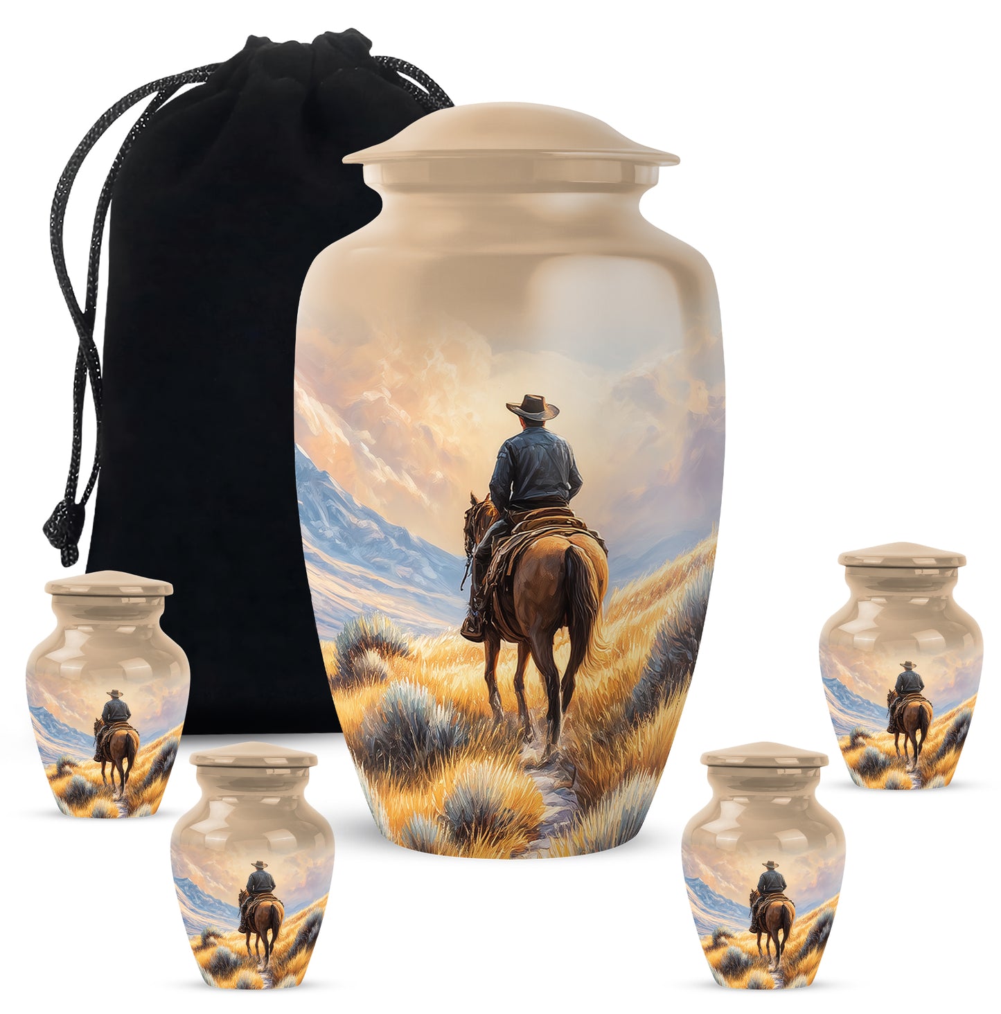 Matte Gold Cowboy Cremation Urn top-down view of secure threaded lid - traditional cowboy engraving with hand-polished finish - memorial set with one large and four small urns