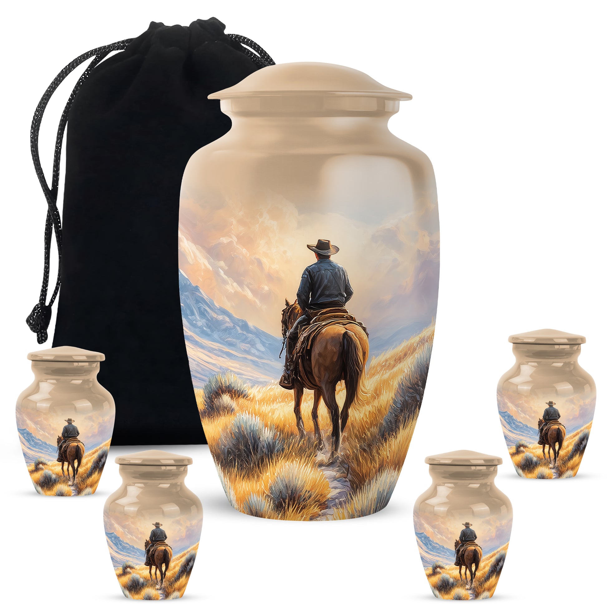 Matte Gold Cowboy Cremation Urn top-down view of secure threaded lid - traditional cowboy engraving with hand-polished finish - memorial set with one large and four small urns