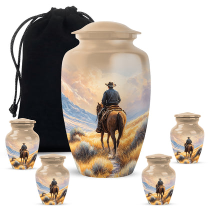 Matte Gold Cowboy Cremation Urn top-down view of secure threaded lid - traditional cowboy engraving with hand-polished finish - memorial set with one large and four small urns