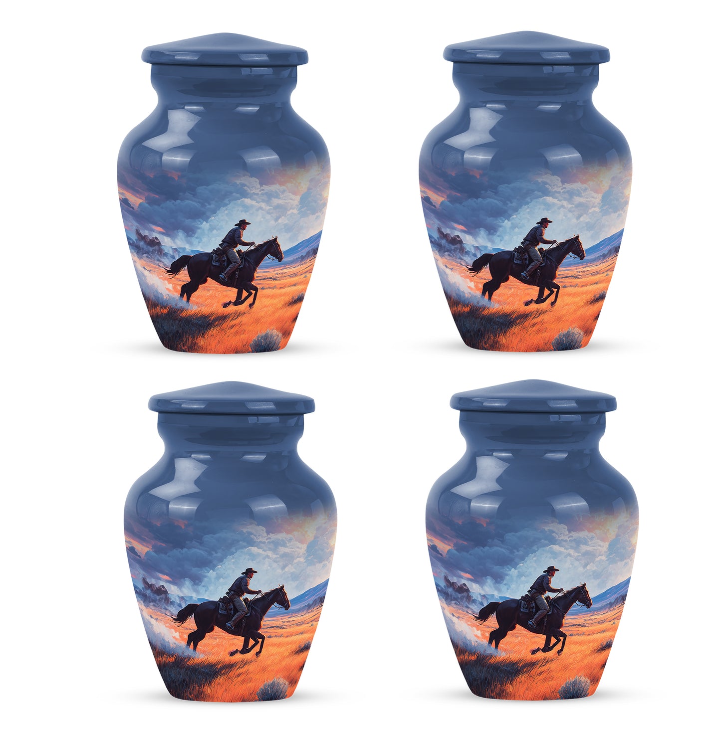 Royal Blue Cowboy Cremation Urn side profile showing urn shape - traditional cowboy engraving with hand-polished finish - 10 inch aluminum urn for cremated remains