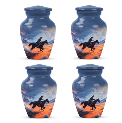 Royal Blue Cowboy Cremation Urn side profile showing urn shape - traditional cowboy engraving with hand-polished finish - 10 inch aluminum urn for cremated remains