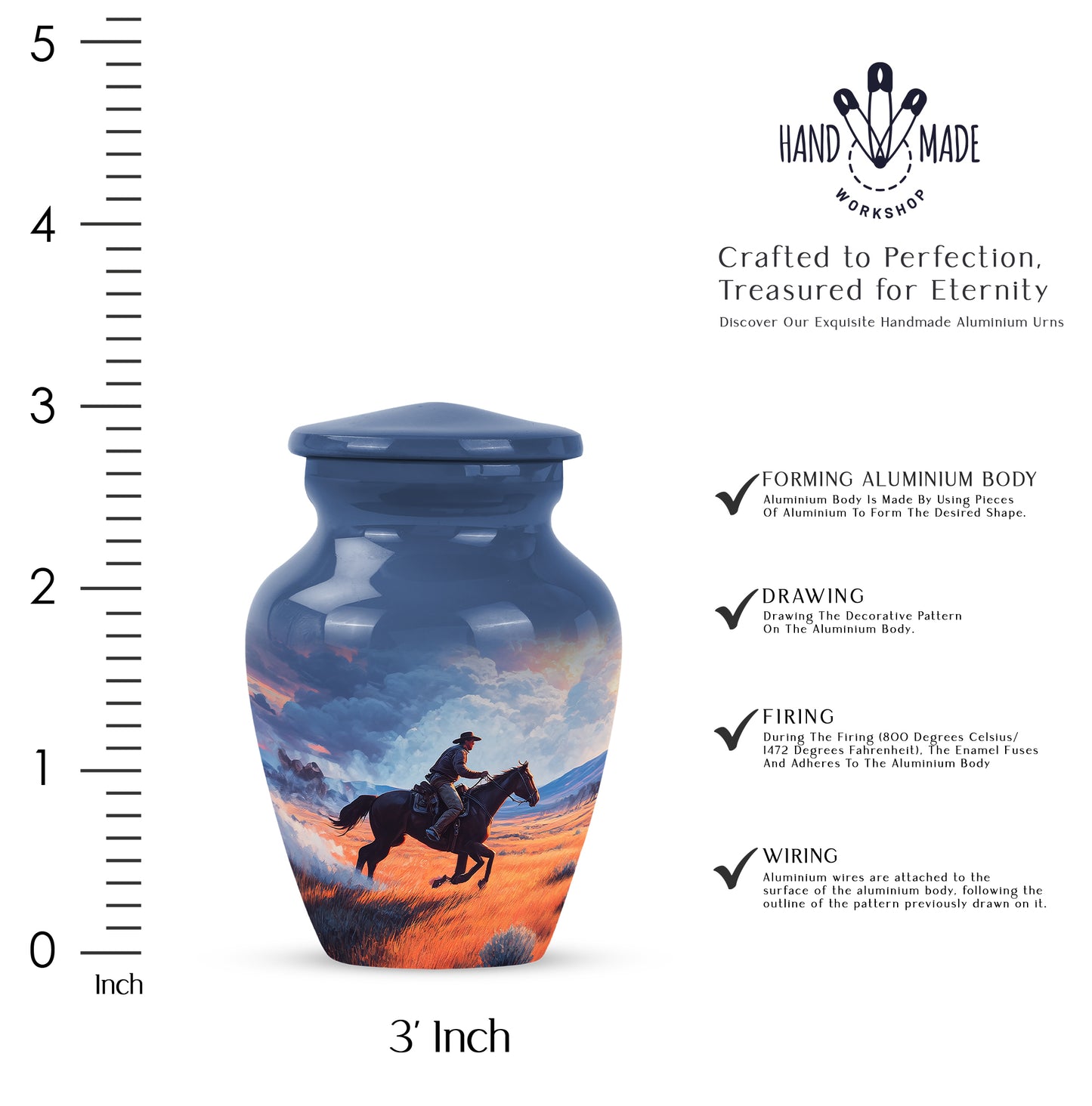Soft Blue Cowboy Cremation Urn close-up of engraving and surface detail - traditional cowboy engraving with hand-polished finish - mini keepsake memorial for portion of cremation ashes
