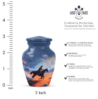 Soft Blue Cowboy Cremation Urn close-up of engraving and surface detail - traditional cowboy engraving with hand-polished finish - mini keepsake memorial for portion of cremation ashes