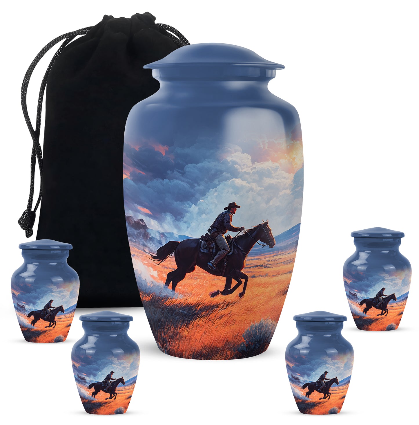 Bright Blue Cowboy Cremation Urn top-down view of secure threaded lid - elegant classic cowboy relief with fine detailing - memorial set with one large and four small urns