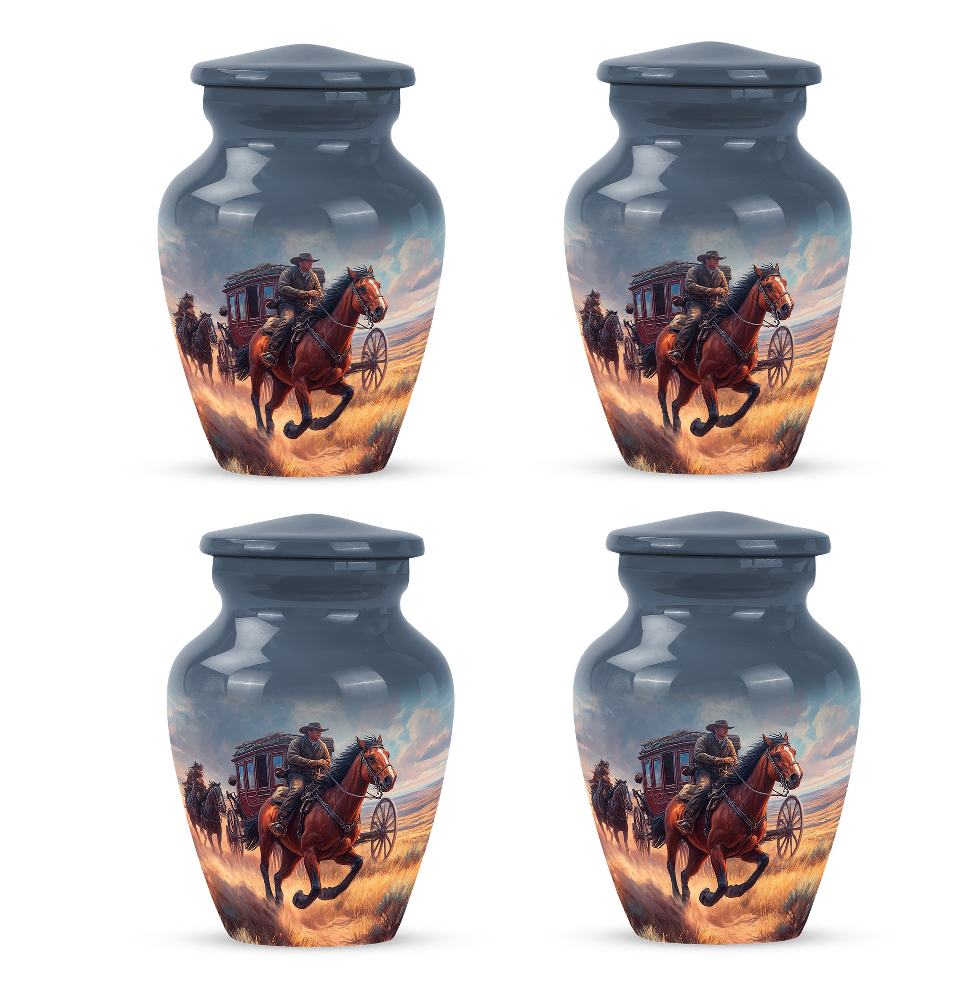 Navy Blue Cowboy Cremation Urn side profile showing urn shape - classic sculpted cowboy pattern on smooth aluminum - 10 inch aluminum urn for cremated remains