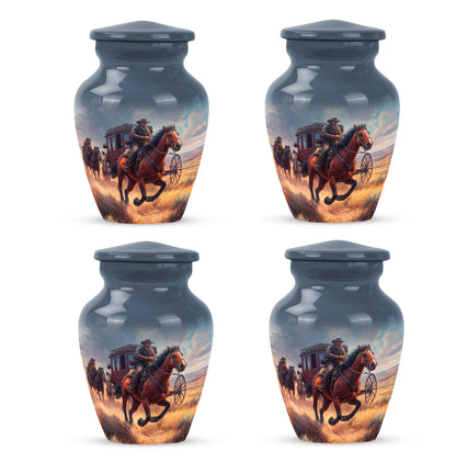 Navy Blue Cowboy Cremation Urn side profile showing urn shape - classic sculpted cowboy pattern on smooth aluminum - 10 inch aluminum urn for cremated remains