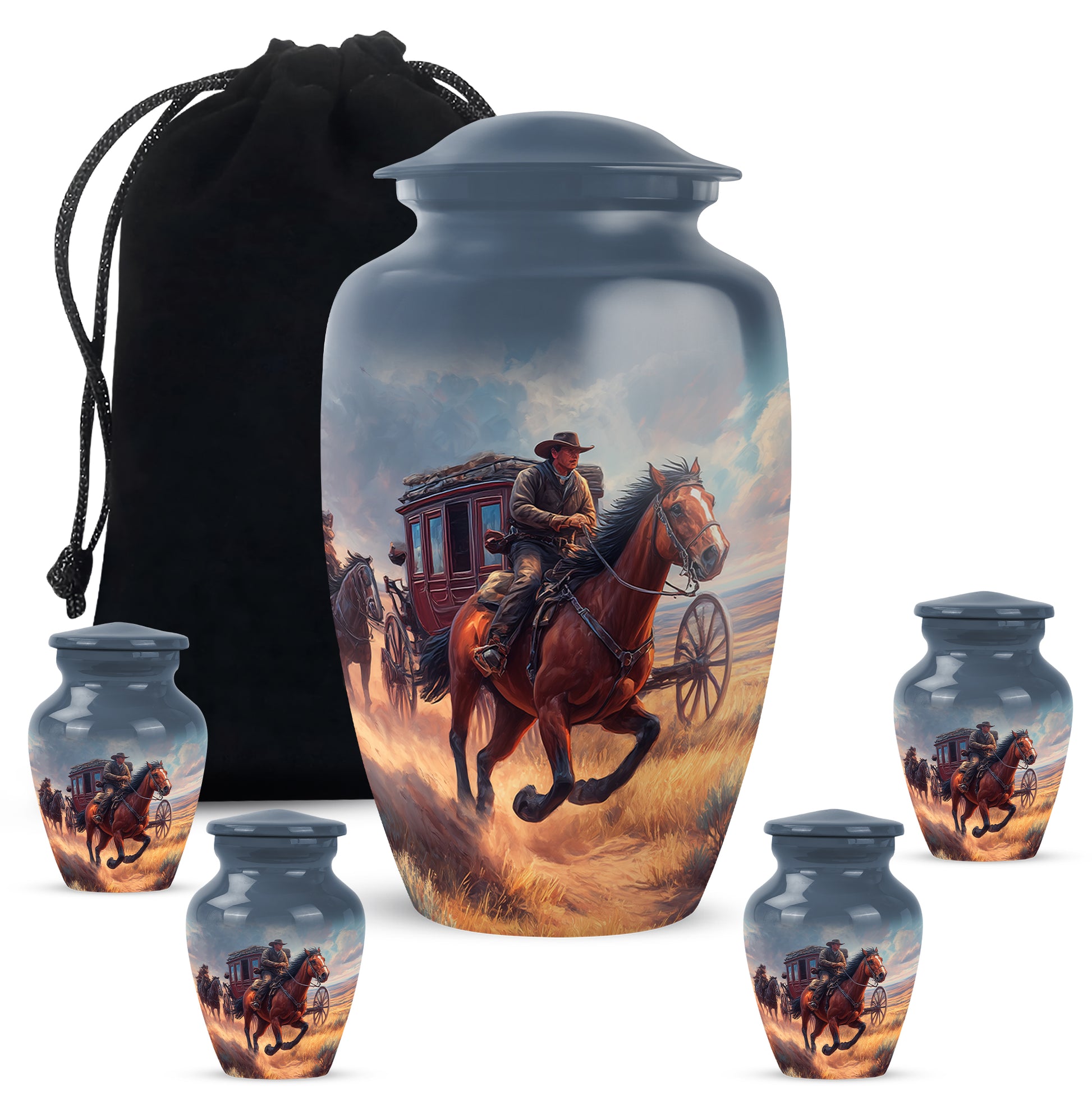 Slate Blue Cowboy Cremation Urn top-down view of secure threaded lid - timeless cowboy motif etched into premium metal - memorial set with one large and four small urns