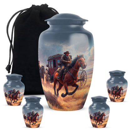 Slate Blue Cowboy Cremation Urn top-down view of secure threaded lid - timeless cowboy motif etched into premium metal - memorial set with one large and four small urns