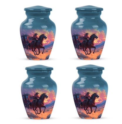Twilight Blue Cowboy Cremation Urn side profile showing urn shape - traditional cowboy engraving with hand-polished finish - 10 inch aluminum urn for cremated remains