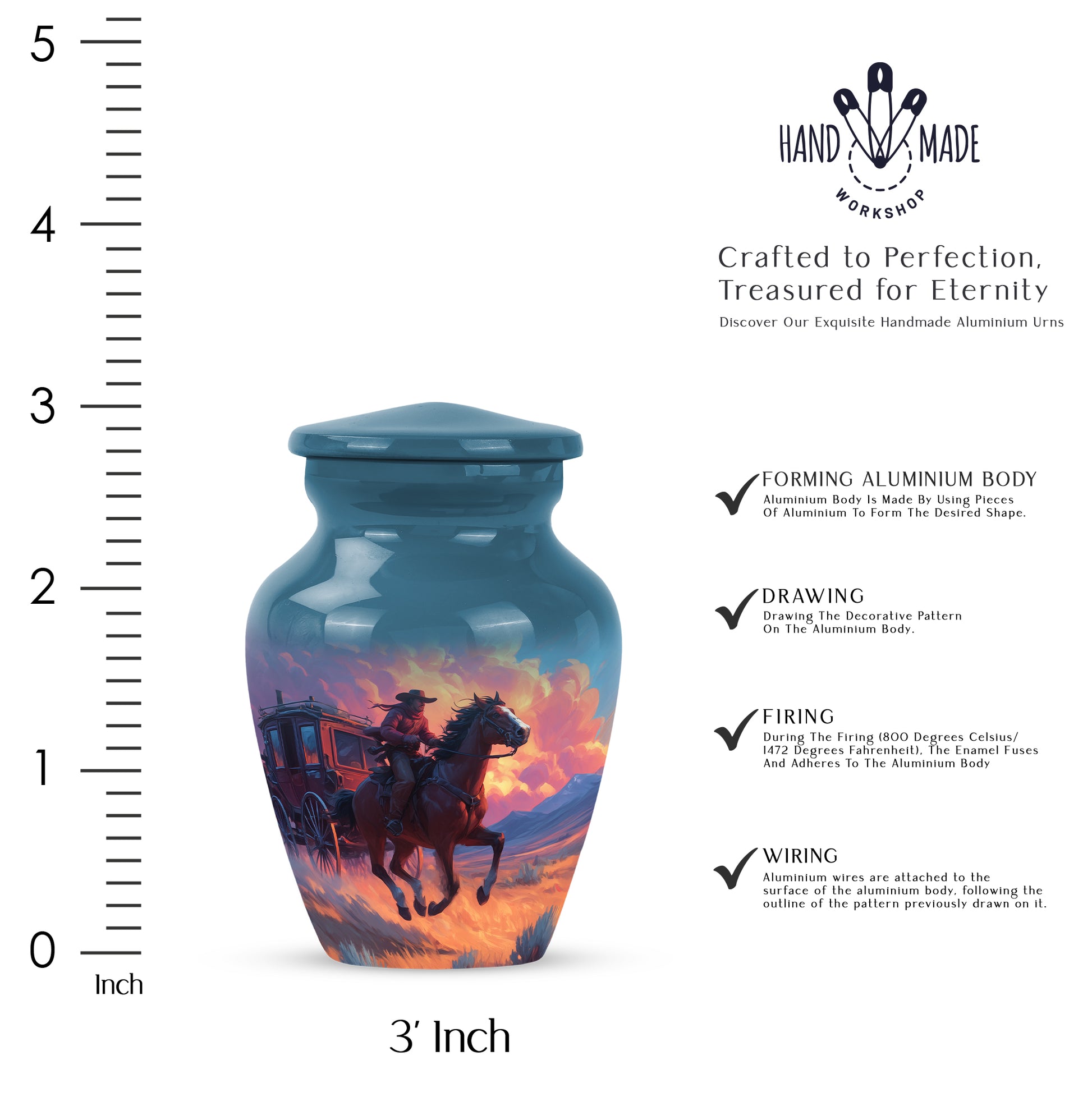 Navy Blue Cowboy Cremation Urn close-up of engraving and surface detail - classic sculpted cowboy pattern on smooth aluminum - mini keepsake memorial for portion of cremation ashes