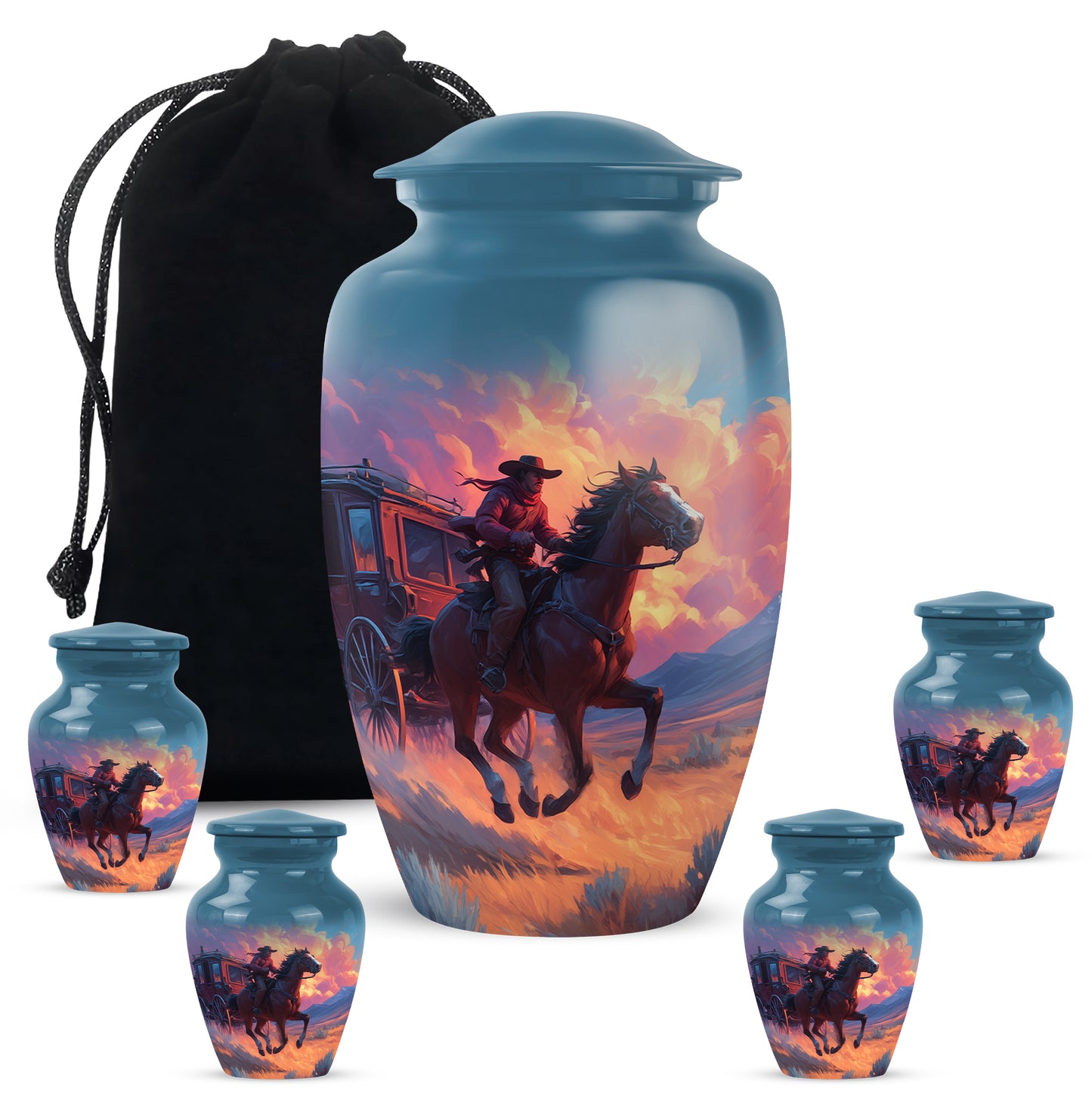 Icy Blue Cowboy Cremation Urn top-down view of secure threaded lid - classic sculpted cowboy pattern on smooth aluminum - memorial set with one large and four small urns