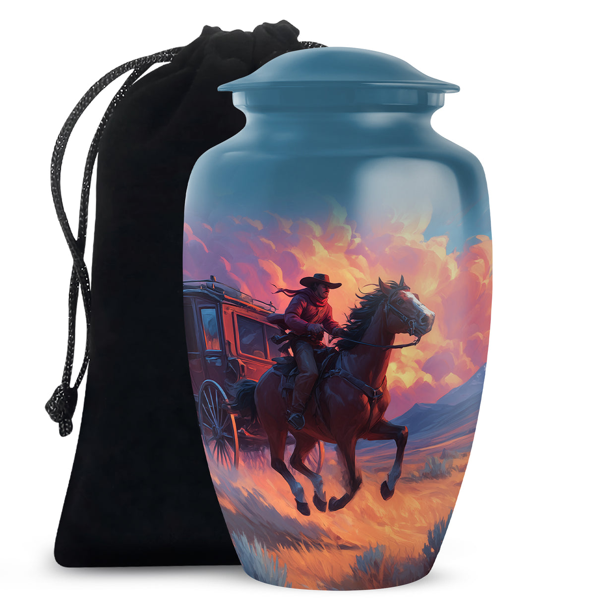 Slate Blue Cowboy Cremation Urn angled view of lid and engraved motif - classic sculpted cowboy pattern on smooth aluminum - full-size 10 inch 200 cubic inch adult cremation urn