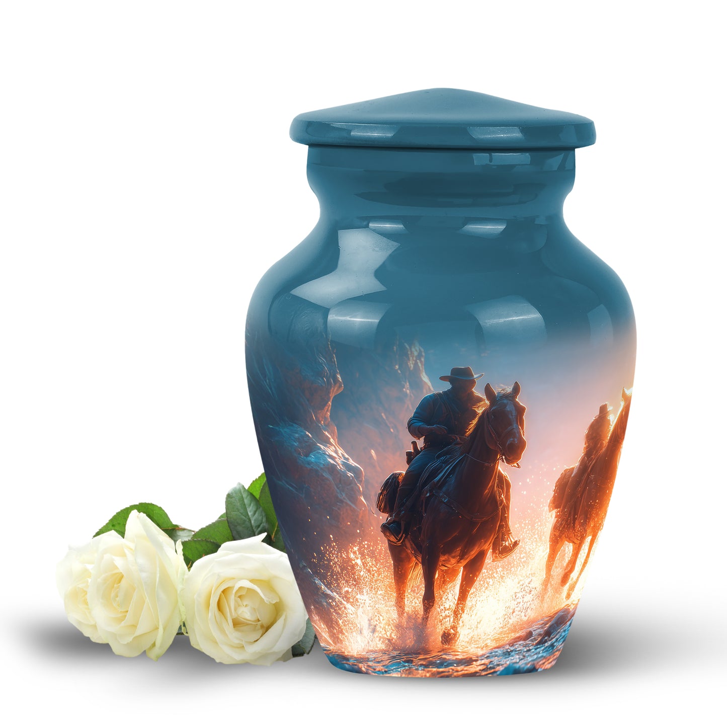 Blue Comforting Cowboy Memorial Urn for Ashes - 10-inch, 200 cu in - Yatskia