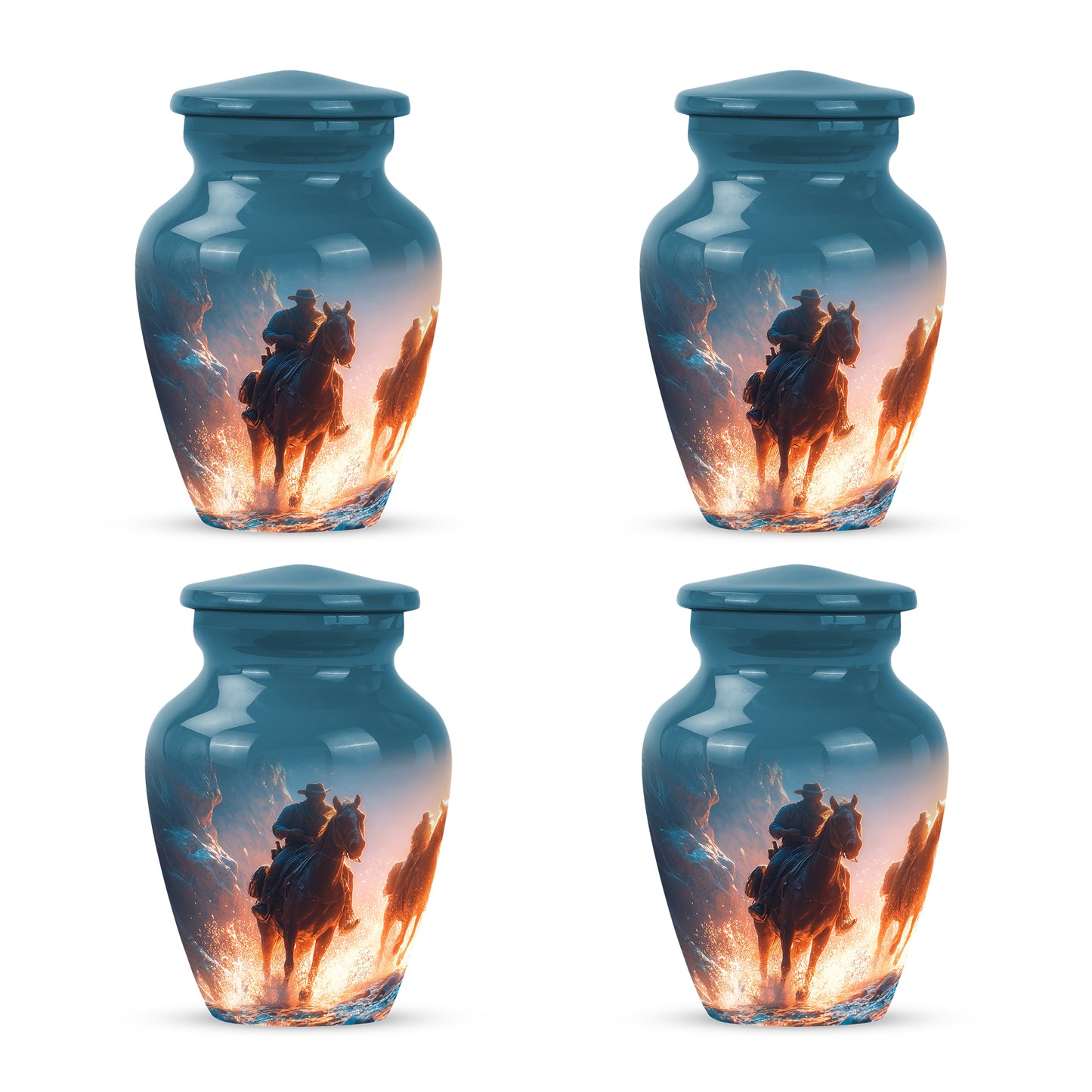 Cornflower Blue Cowboy Cremation Urn side profile showing urn shape - traditional cowboy engraving with hand-polished finish - 10 inch aluminum urn for cremated remains