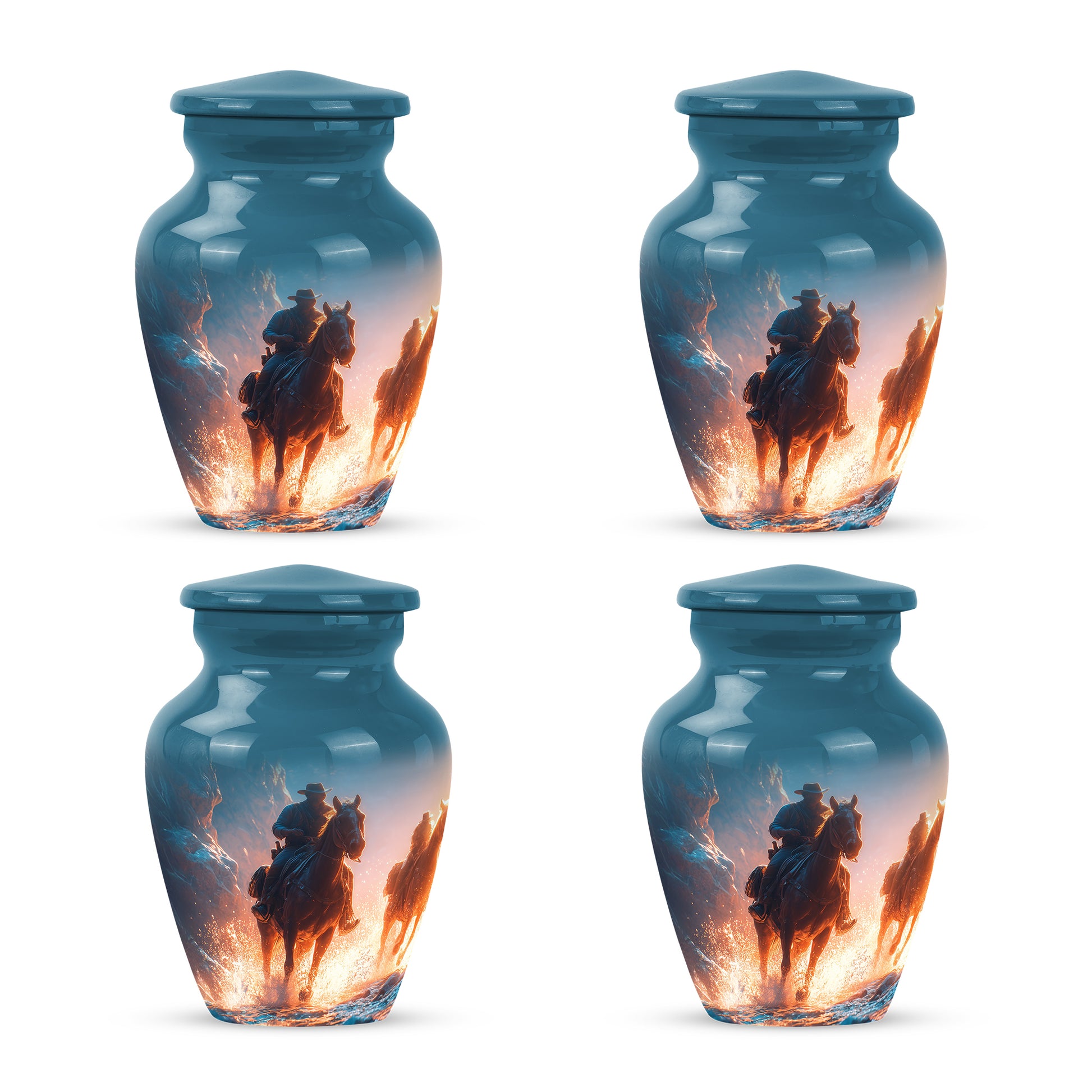 Cornflower Blue Cowboy Cremation Urn side profile showing urn shape - traditional cowboy engraving with hand-polished finish - 10 inch aluminum urn for cremated remains