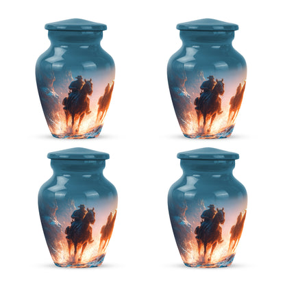 Cornflower Blue Cowboy Cremation Urn side profile showing urn shape - traditional cowboy engraving with hand-polished finish - 10 inch aluminum urn for cremated remains