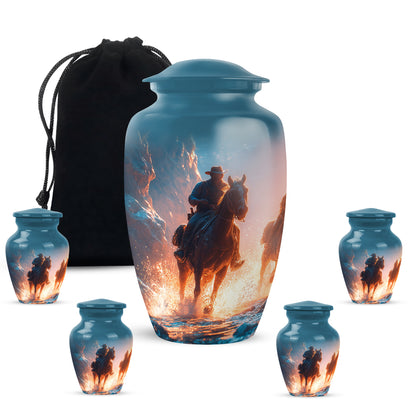 Cobalt Blue Cowboy Cremation Urn top-down view of secure threaded lid - elegant classic cowboy relief with fine detailing - memorial set with one large and four small urns