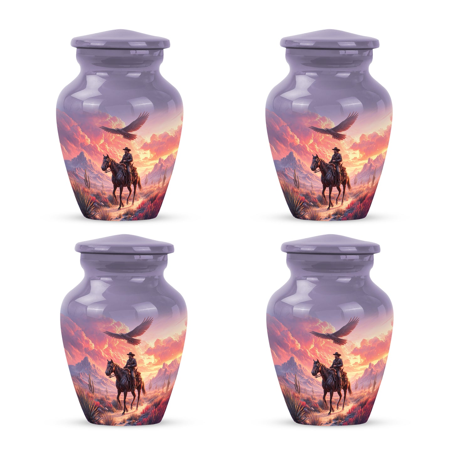 Deep Purple Cowboy Cremation Urn side profile showing urn shape - classic sculpted cowboy pattern on smooth aluminum - 10 inch aluminum urn for cremated remains