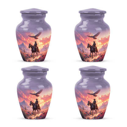 Deep Purple Cowboy Cremation Urn side profile showing urn shape - classic sculpted cowboy pattern on smooth aluminum - 10 inch aluminum urn for cremated remains