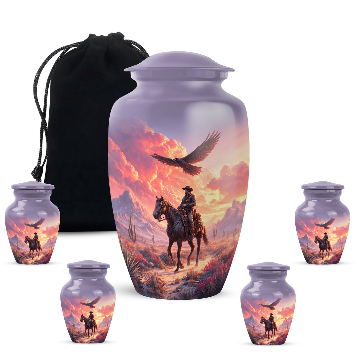 Deep Purple Cowboy Cremation Urn top-down view of secure threaded lid - timeless cowboy motif etched into premium metal - memorial set with one large and four small urns