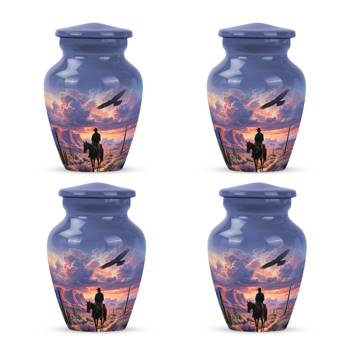 Bright Blue Cowboy Cremation Urn side profile showing urn shape - traditional cowboy engraving with hand-polished finish - 10 inch aluminum urn for cremated remains