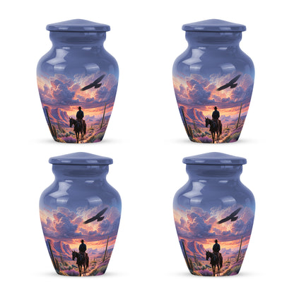 Bright Blue Cowboy Cremation Urn side profile showing urn shape - traditional cowboy engraving with hand-polished finish - 10 inch aluminum urn for cremated remains