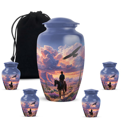Azure Cowboy Cremation Urn top-down view of secure threaded lid - timeless cowboy motif etched into premium metal - memorial set with one large and four small urns